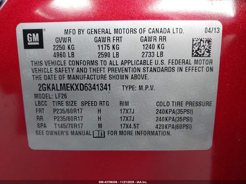 2013 GMC Terrain Sle-1 VIN: 2GKALMEKXD6341341 Lot: 43766306