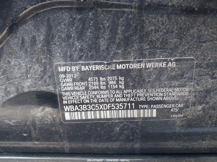 2013 BMW 328I xDrive VIN: WBA3B3C5XDF535711 Lot: 43766307