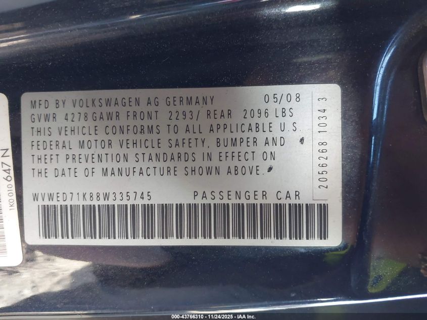 2008 Volkswagen Gti 2-Door VIN: WVWED71K88W335745 Lot: 43766310
