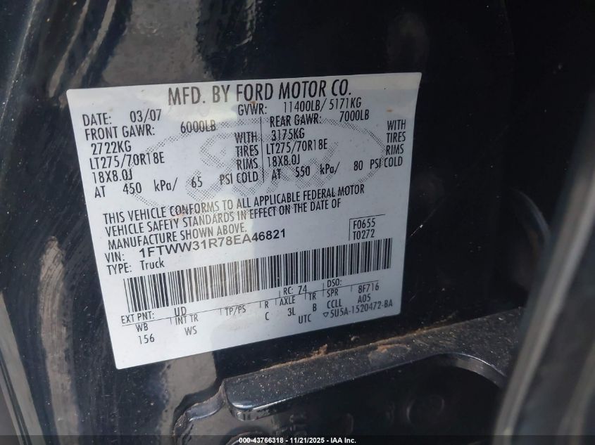 2008 Ford F-350 Fx4/Harley-Davidson/King Ranch/Lariat/Xl/Xlt VIN: 1FTWW31R78EA46821 Lot: 43766318