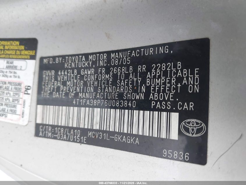 2006 Toyota Camry Solara Sle VIN: 4T1FA38P76U083840 Lot: 43766333