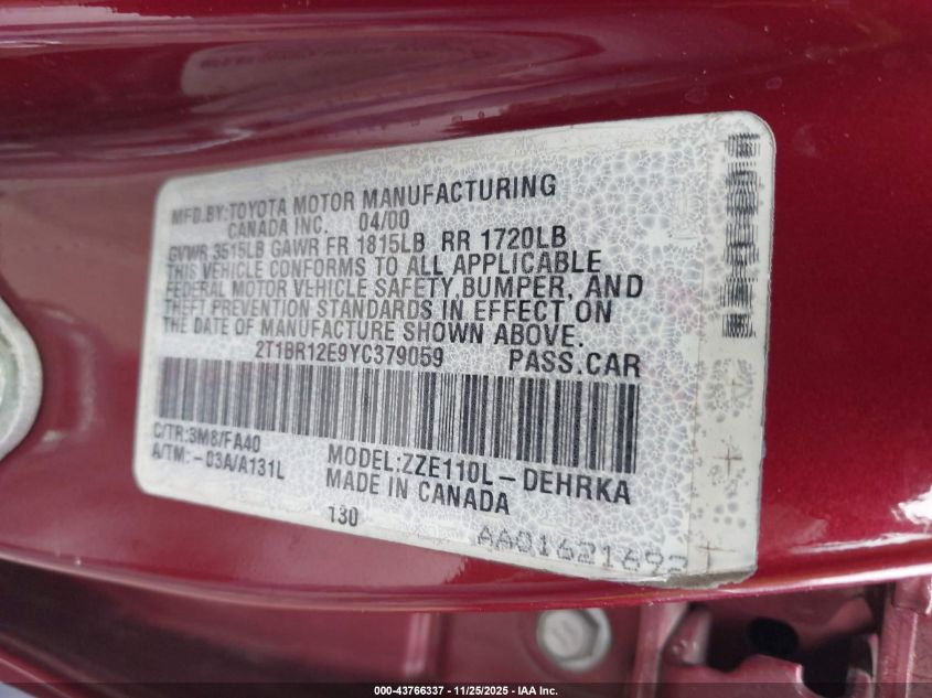 2000 Toyota Corolla Ve VIN: 2T1BR12E9YC379059 Lot: 43766337