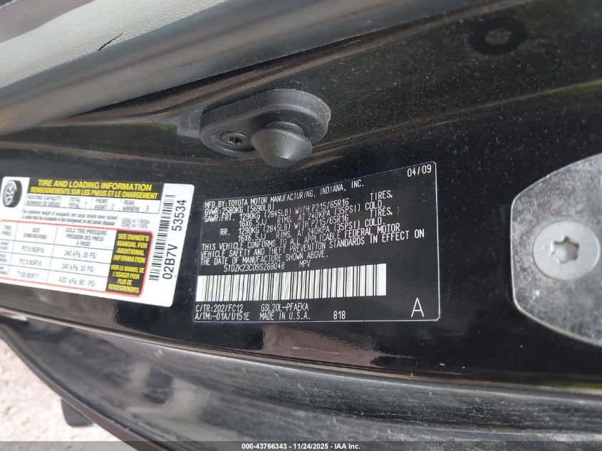 2009 Toyota Sienna Le VIN: 5TDZK23C09S288048 Lot: 43766343