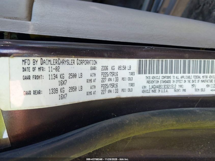 2003 Jeep Grand Cherokee Laredo VIN: 1J4GX48S13C621512 Lot: 43766346