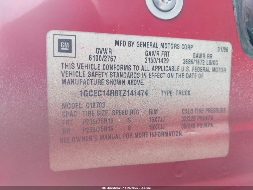1996 Chevrolet Gmt-400 C1500 VIN: 1GCEC14R8TZ141474 Lot: 43766352