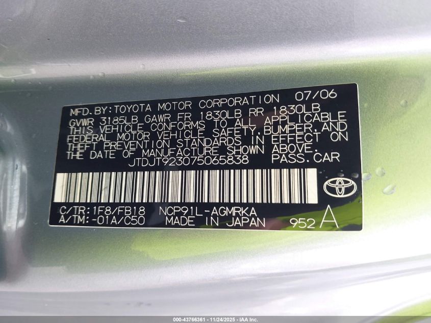 2007 Toyota Yaris VIN: JTDJT923075065838 Lot: 43766361