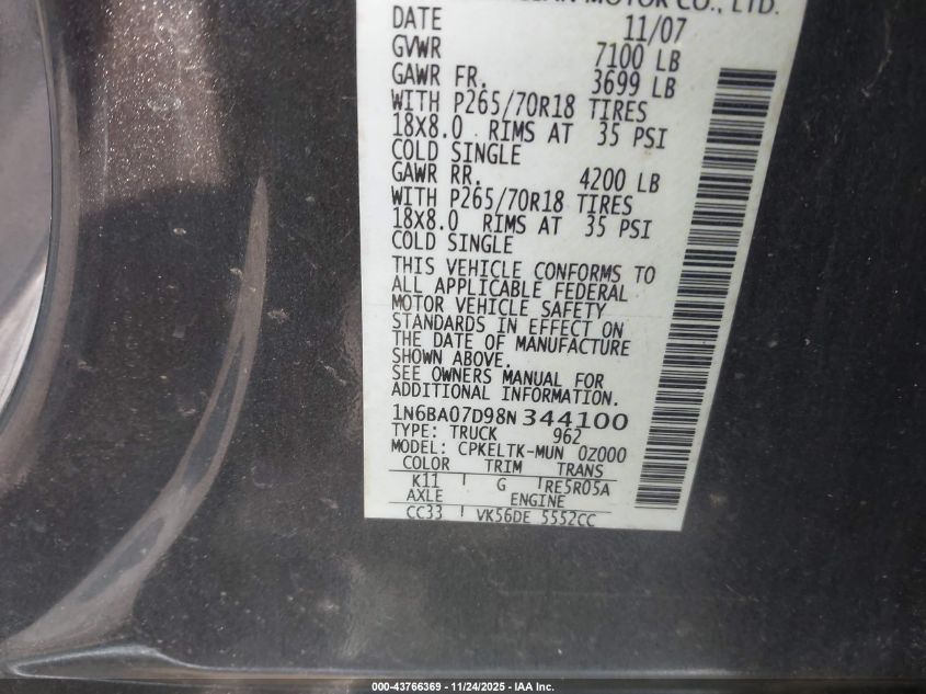 2008 Nissan Titan Xe VIN: 1N6BA07D98N344100 Lot: 43766369