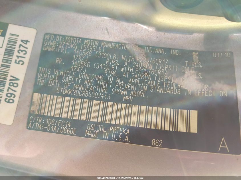 2011 Toyota Sienna Le V6 VIN: 5TDKK3DC8BS002443 Lot: 43766370