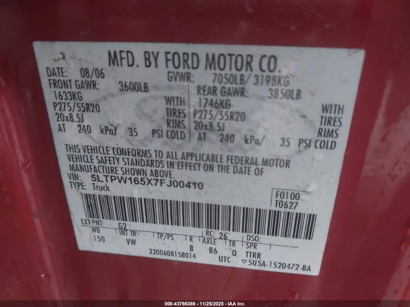 2007 Lincoln Mark Lt VIN: 5LTPW165X7FJ00410 Lot: 43766386
