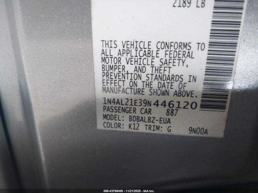 2009 Nissan Altima 2.5 S VIN: 1N4AL21E39N446120 Lot: 43766408