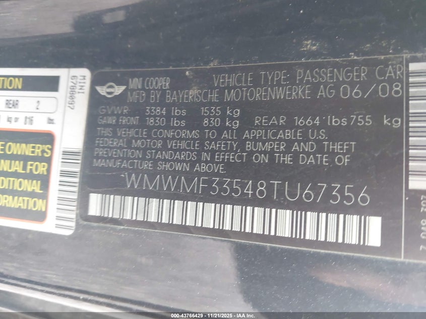 2008 Mini Cooper VIN: WMWMF33548TU67356 Lot: 43766429
