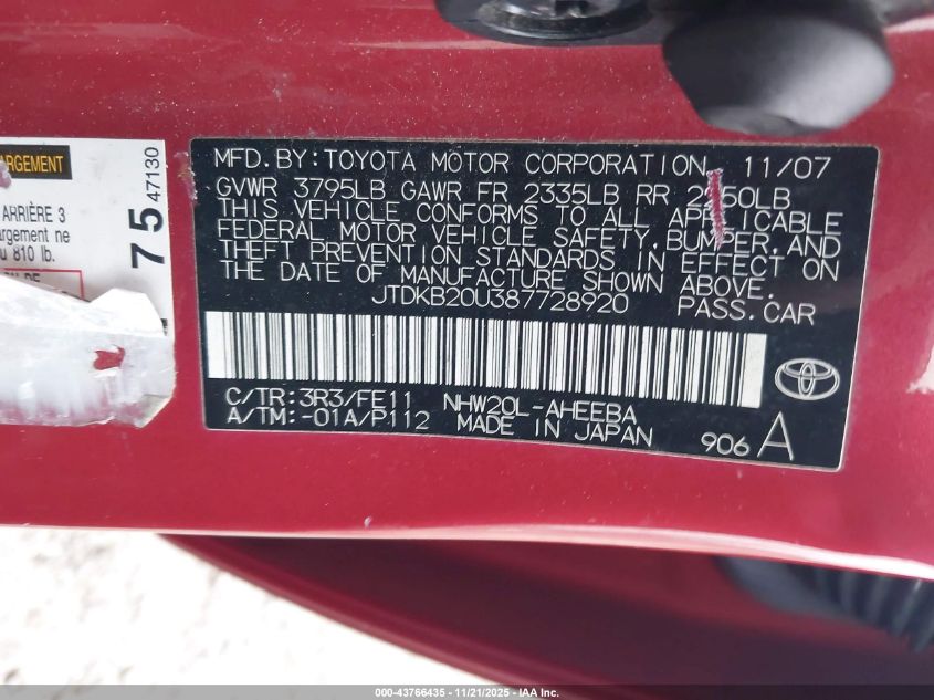 2008 Toyota Prius VIN: JTDKB20U387728920 Lot: 43766435