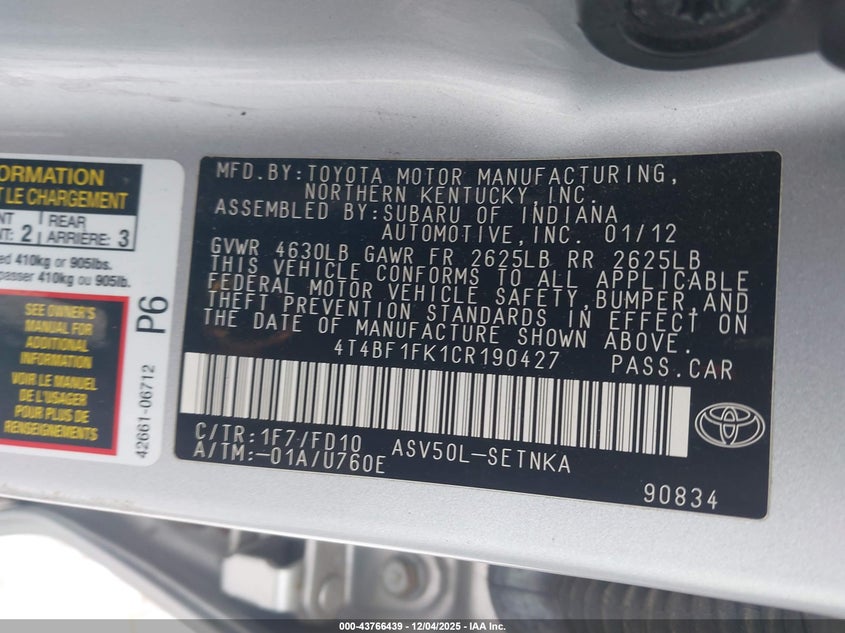 4T4BF1FK1CR190427 2012 TOYOTA CAMRY photo no. 9