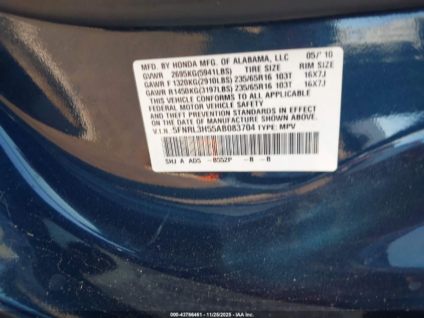 2010 Honda Odyssey Ex VIN: 5FNRL3H55AB083704 Lot: 43766461