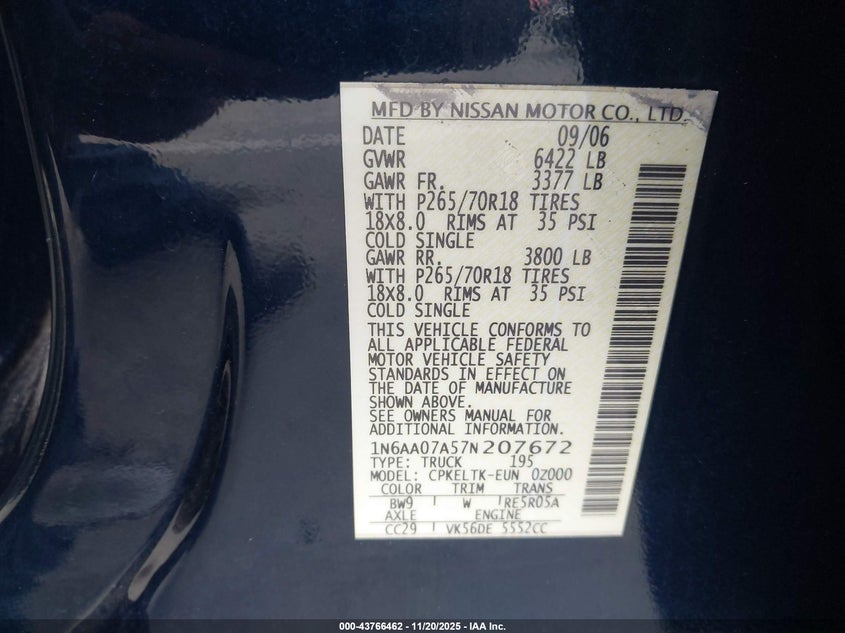 2007 Nissan Titan Se VIN: 1N6AA07A57N207672 Lot: 43766462