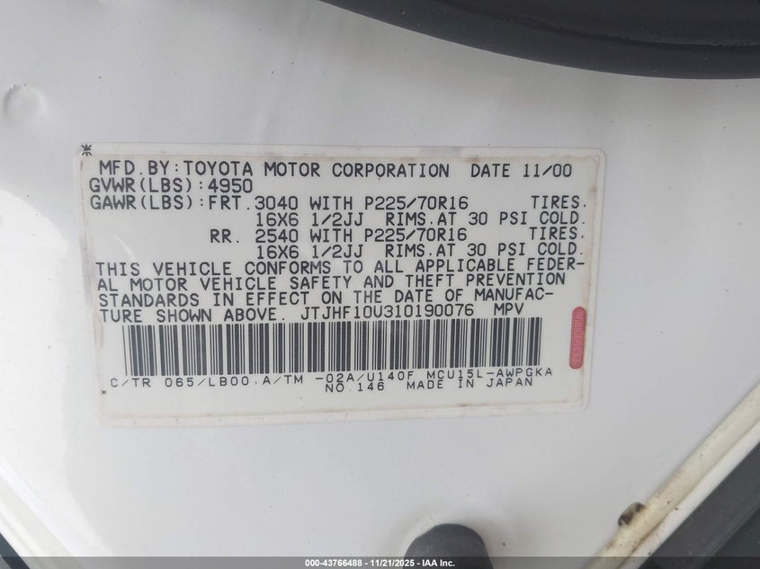 2001 Lexus Rx 300 VIN: JTJHF10U310190076 Lot: 43766488