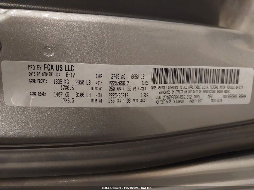 2017 Dodge Grand Caravan Gt VIN: 2C4RDGEGXHR861312 Lot: 43766489