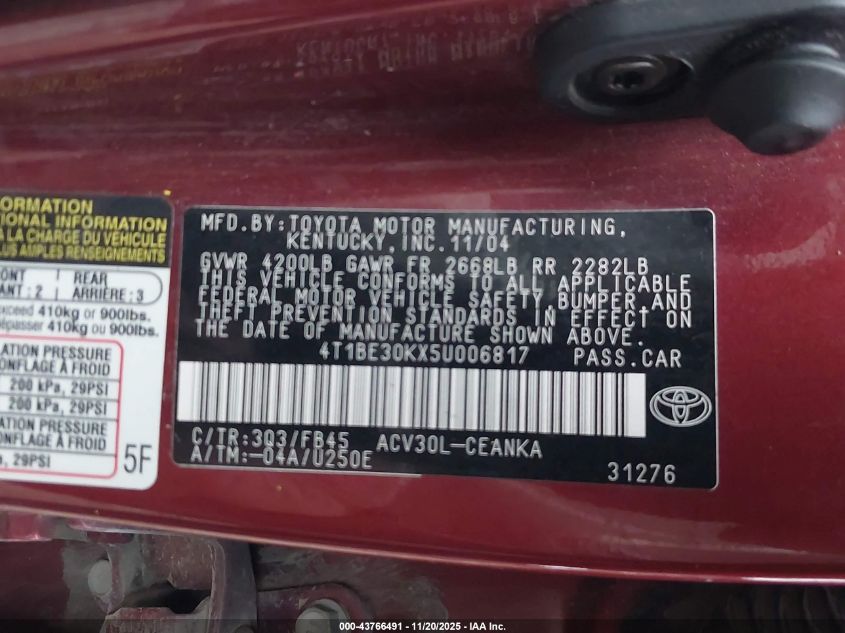 2005 Toyota Camry Le VIN: 4T1BE30KX5U006817 Lot: 43766491