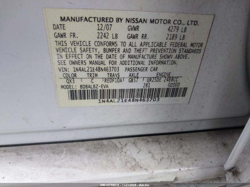 2008 Nissan Altima 2.5 S VIN: 1N4AL21E48N463703 Lot: 43766516