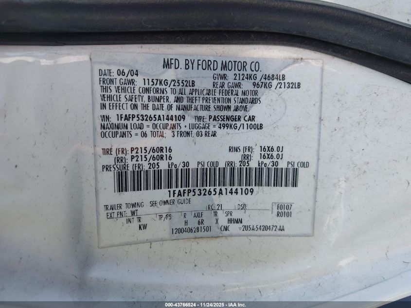 2005 Ford Taurus Se VIN: 1FAFP53265A144109 Lot: 43766524