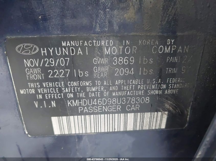 2008 Hyundai Elantra Gls/Se VIN: KMHDU46D98U378308 Lot: 43766545