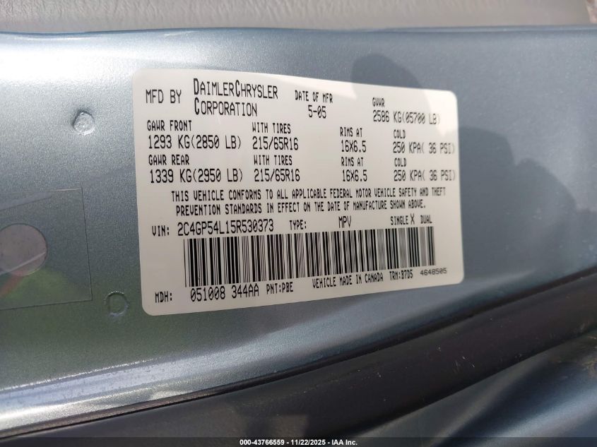 2005 Chrysler Town & Country Touring VIN: 2C4GP54L15R530373 Lot: 43766559