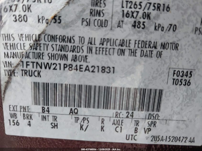 2004 Ford F-250 Lariat/Xl/Xlt VIN: 1FTNW21P84EA21831 Lot: 43766584