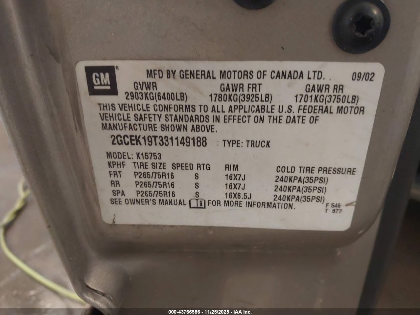 2003 Chevrolet Silverado 1500 Ls VIN: 2GCEK19T331149188 Lot: 43766586