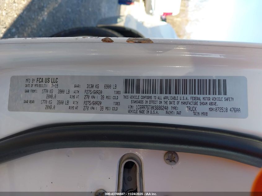 2019 Ram 1500 Classic Big Horn 4X4 6'4 Box VIN: 1C6RR7GT0KS686240 Lot: 43766587