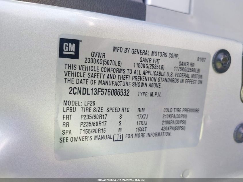 2007 Chevrolet Equinox Ls VIN: 2CNDL13F576086532 Lot: 43766604