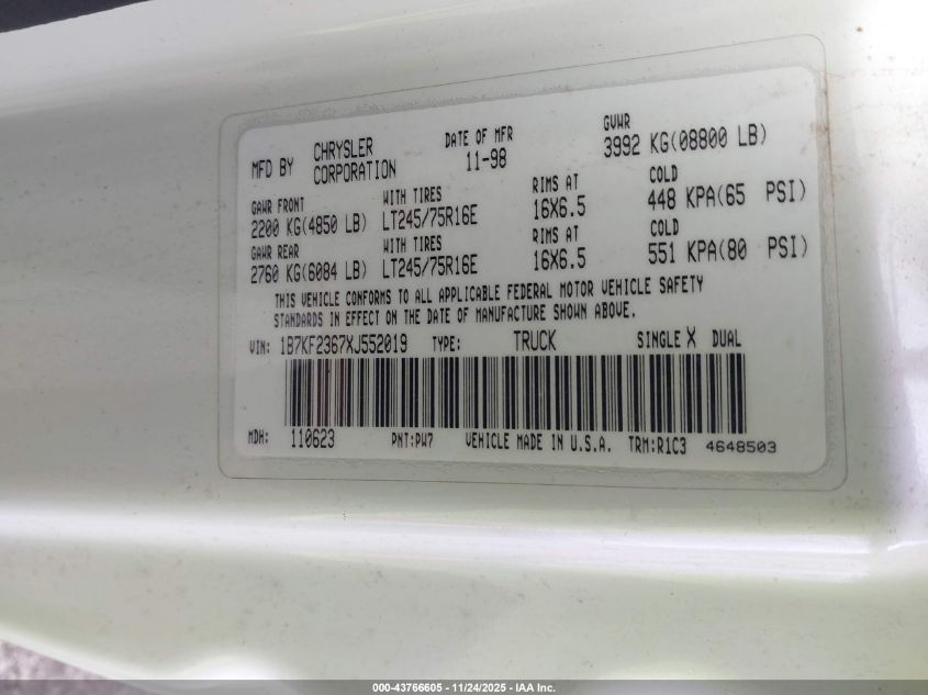 1999 Dodge Ram 2500 St VIN: 1B7KF2367XJ552019 Lot: 43766605