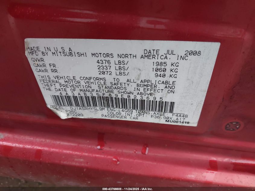 2009 Mitsubishi Galant Es/Sport Edition VIN: 4A3AB36F89E023695 Lot: 43766608