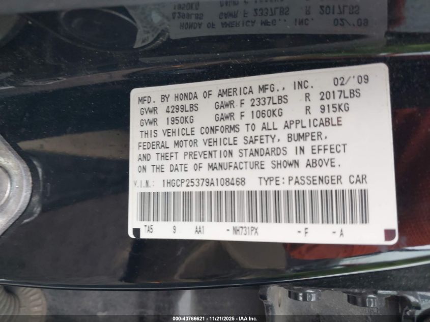 2009 Honda Accord 2.4 Lx VIN: 1HGCP25379A108468 Lot: 43766621