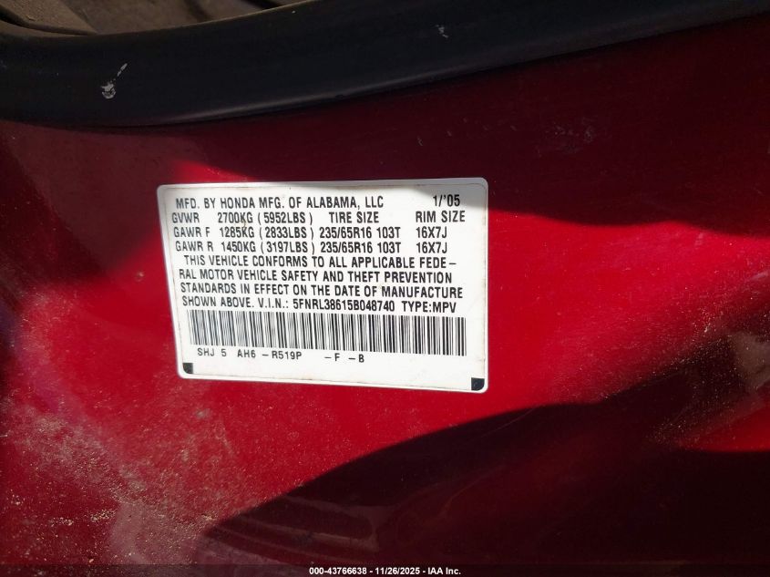 2005 Honda Odyssey Ex-L VIN: 5FNRL38615B048740 Lot: 43766638