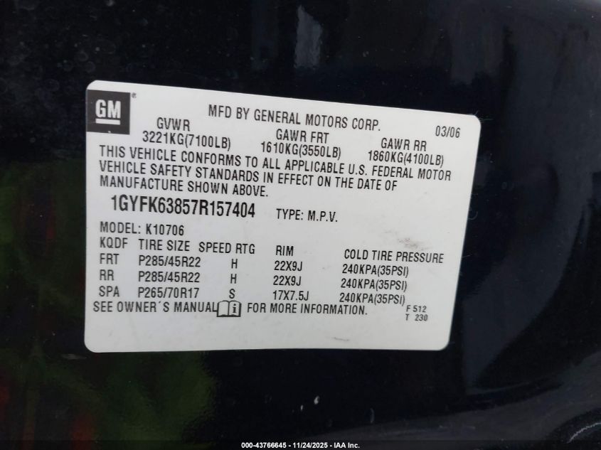 2007 Cadillac Escalade Standard VIN: 1GYFK63857R157404 Lot: 43766645