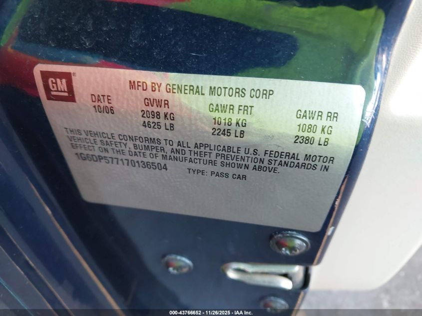 2007 Cadillac Cts Standard VIN: 1G6DP577170136504 Lot: 43766652