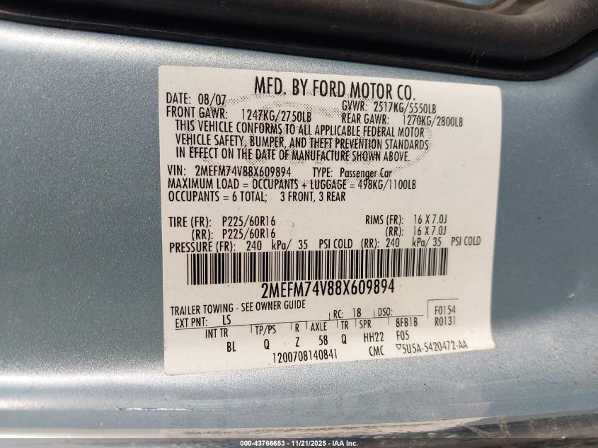 2008 Mercury Grand Marquis Gs VIN: 2MEFM74V88X609894 Lot: 43766653