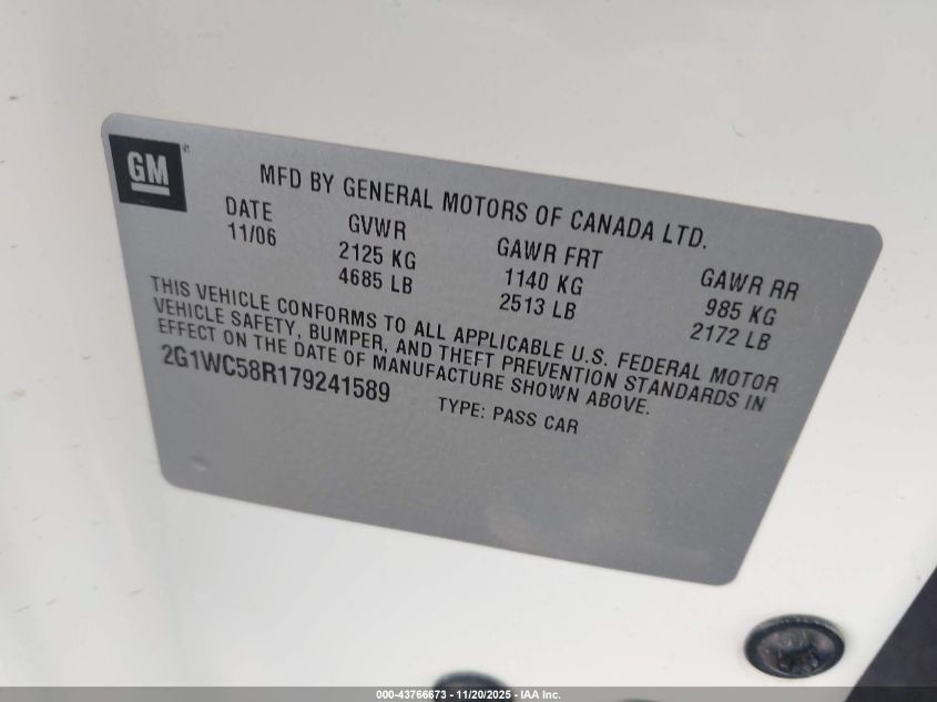 2007 Chevrolet Impala Lt VIN: 2G1WC58R179241589 Lot: 43766673
