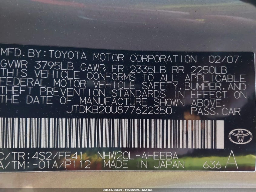 2007 Toyota Prius VIN: JTDKB20U877622350 Lot: 43766679