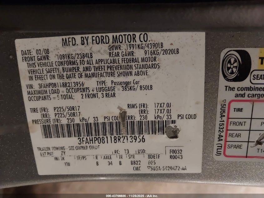 2008 Ford Fusion Sel VIN: 3FAHP08118R213956 Lot: 43766686