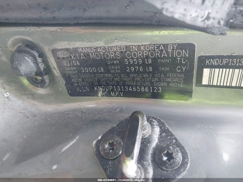 2004 Kia Sedona Ex/Lx VIN: KNDUP131346586123 Lot: 43766691