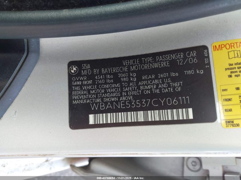 2007 BMW 525I VIN: WBANE53537CY06111 Lot: 43766694