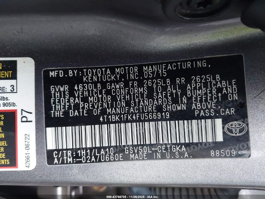 2015 Toyota Camry Xle V6 VIN: 4T1BK1FK4FU566919 Lot: 43766705