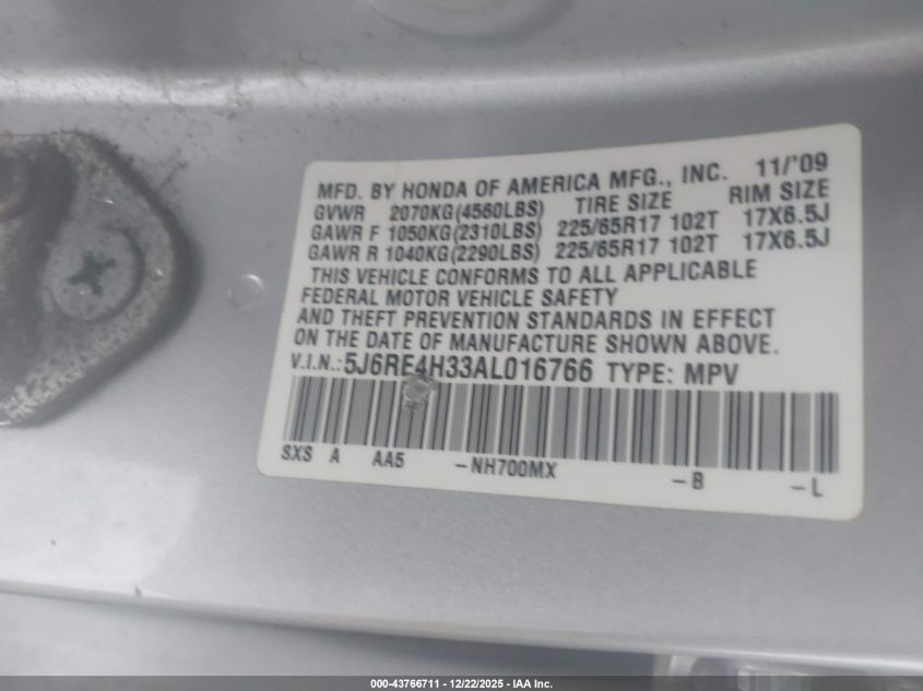 2010 Honda Cr-V Lx VIN: 5J6RE4H33AL06766 Lot: 43766711