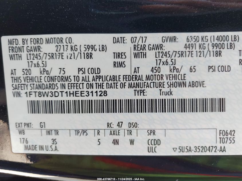 2017 Ford F-350 Xlt VIN: 1FT8W3DT1HEE31128 Lot: 43766718