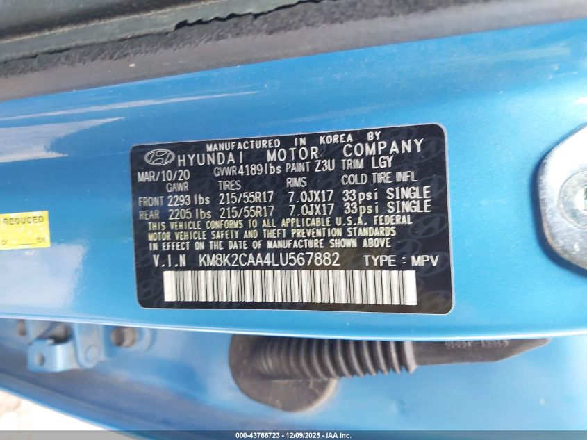 2020 Hyundai Kona Sel VIN: KM8K2CAA4LU567882 Lot: 43766723
