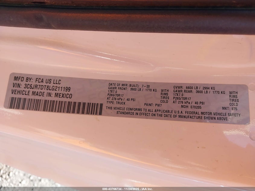 2020 Ram 1500 Classic Tradesman 4X4 8' Box VIN: 3C6JR7DT8LG211199 Lot: 43766734