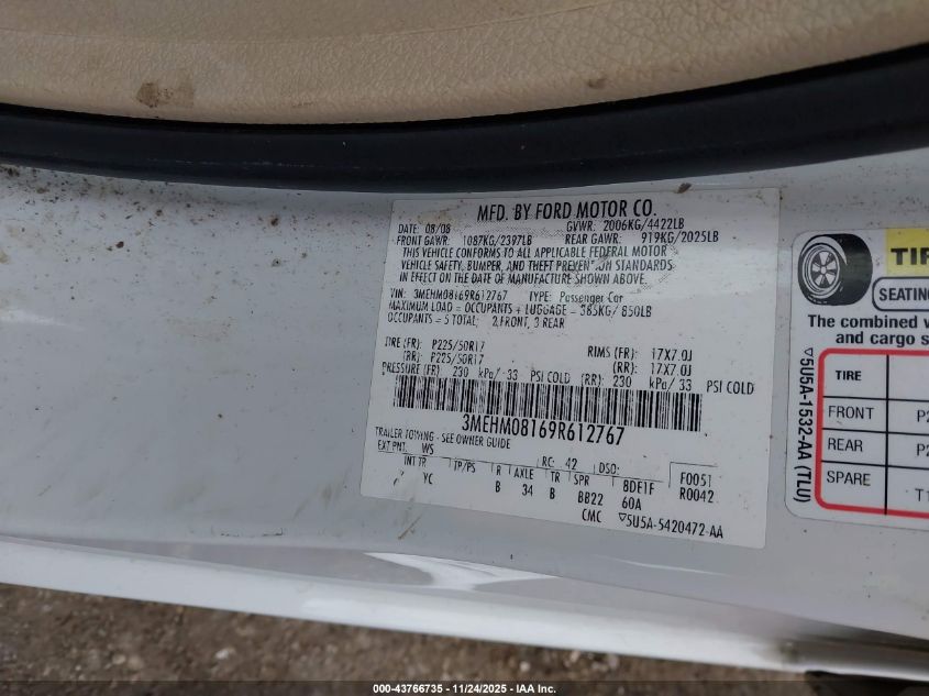 2009 Mercury Milan V6 Premier VIN: 3MEHM08169R612767 Lot: 43766735