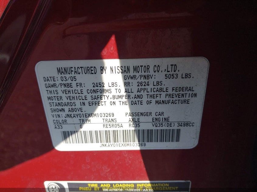 2006 Infiniti M35 VIN: JNKAY01EX6M103269 Lot: 43766739