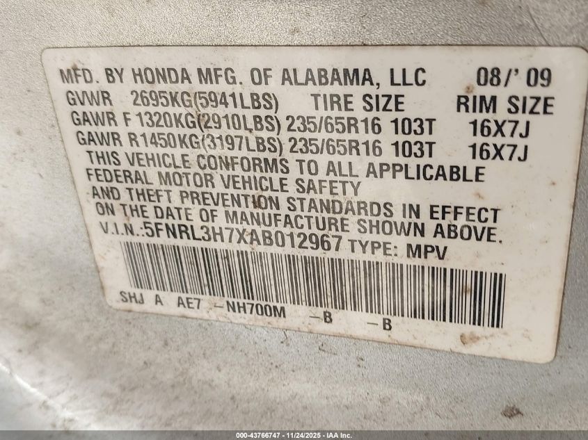 2010 Honda Odyssey Ex-L VIN: 5FNRL3H7XAB012967 Lot: 43766747